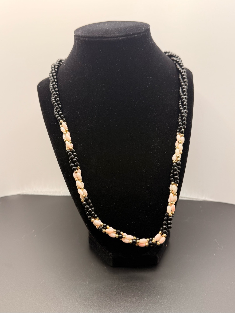 Black Onyx and Coral with Gold Beads Braided Necklace 20 inches